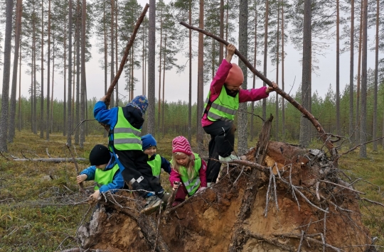 Kaatuneen puun juuret toimivat lasten leikissä vahtitornina.