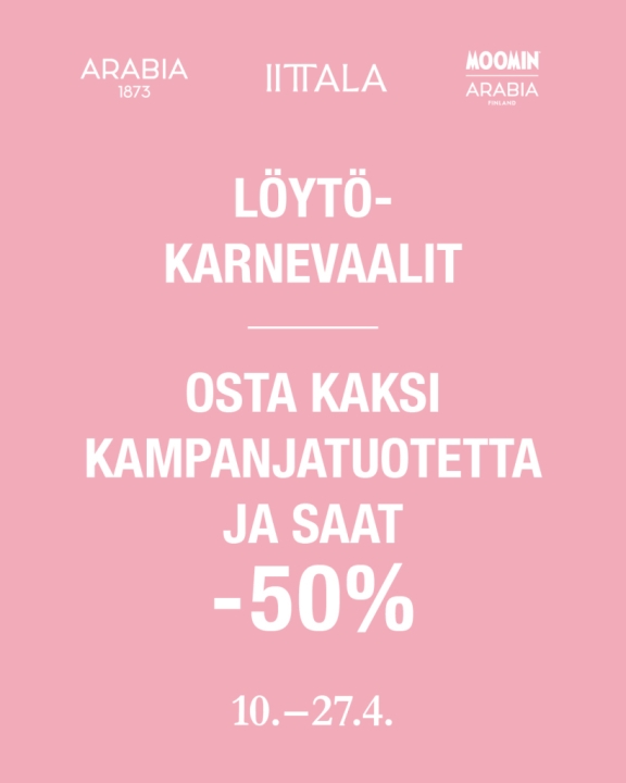 Löytökarnevaali kampanja, osta 2 kampanjatuotetta ja saat -50%. Etu voimassa 27.4.2026 saakka.