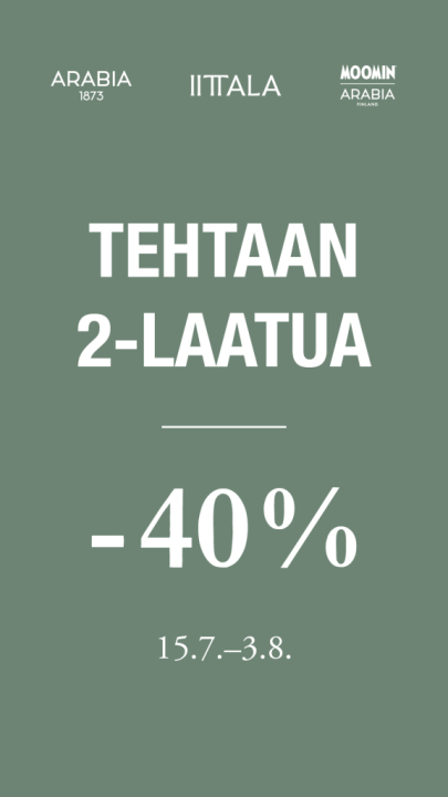 Tehtaan 2-laatua -40%, etu voimassa Iittala outleteissa 3.8.asti