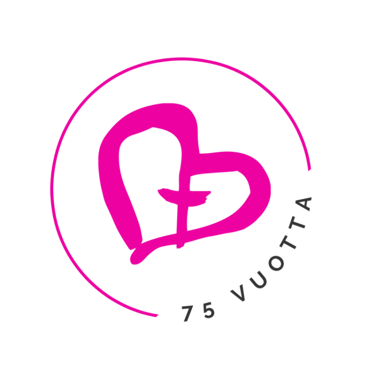 Yhteisvastuun pinkki sydän, jossa keskellä risti.