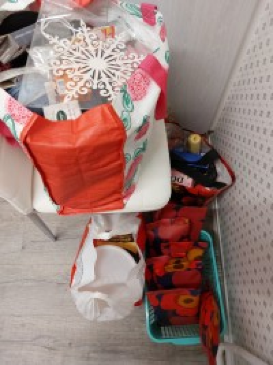 Kuvassa kassit täynnä arpajaispalkintoja