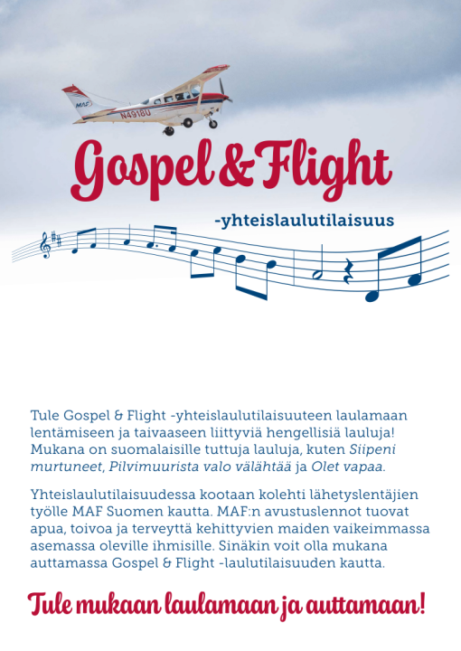 Kuvassa nuotteja nuottiviivastolla ja niiden yläpuolella lentokone sekä teksti "Tule mukaan laulamaan ja osallistumaan!"