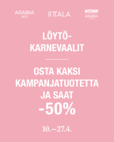 Löytökarnevaali kampanja, osta 2 kampanjatuotetta ja saat -50%. Etu voimassa 27.4.2026 saakka.